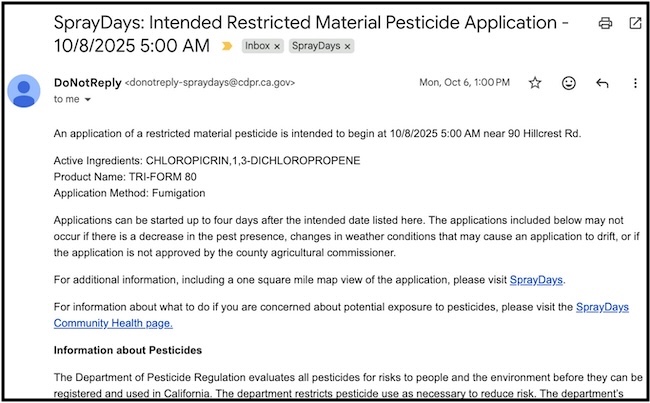 SprayDays California pesticide email notification
