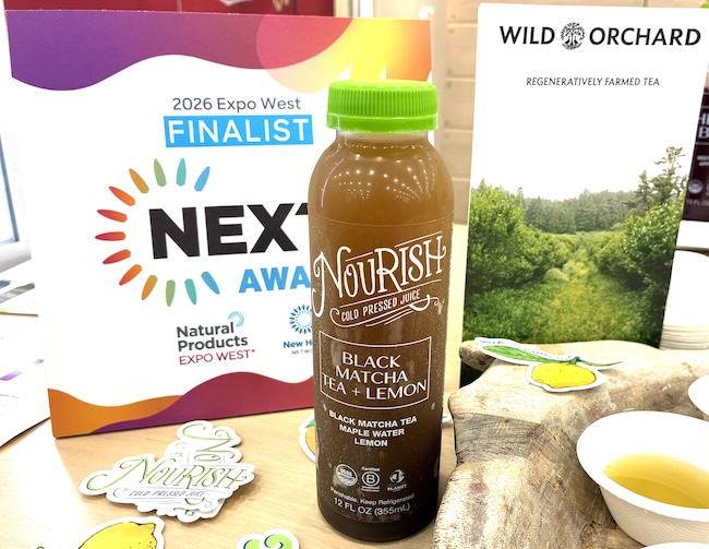 Nourish cold-pressed organic black matcha lemon tea lemonade with Wild Orchard cold-pressed Regenerative Organic Certified ROC organic