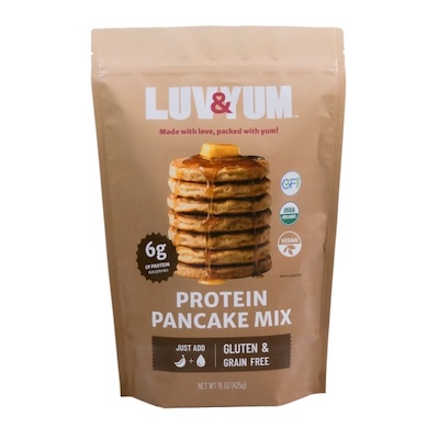 Luv & Yum, a new brand that launched last month, sells grain-free and gluten-free pancake mixes in two varieties -- Original and Protein. Built on a base of cassava, tigernut and tapioca flours, they are flavored with Madagascar vanilla beans and apple cider vinegar. USDA certified organic, vegan, free from the top 9 allergens, soy-free, gum-free and no added sugar.